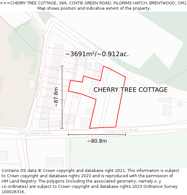 CHERRY TREE COTTAGE, 39A, COXTIE GREEN ROAD, PILGRIMS HATCH, BRENTWOOD, CM14 5PN: Plot and title map