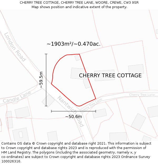 CHERRY TREE COTTAGE, CHERRY TREE LANE, WOORE, CREWE, CW3 9SR: Plot and title map