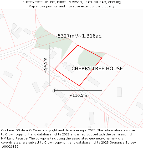 CHERRY TREE HOUSE, TYRRELLS WOOD, LEATHERHEAD, KT22 8QJ: Plot and title map