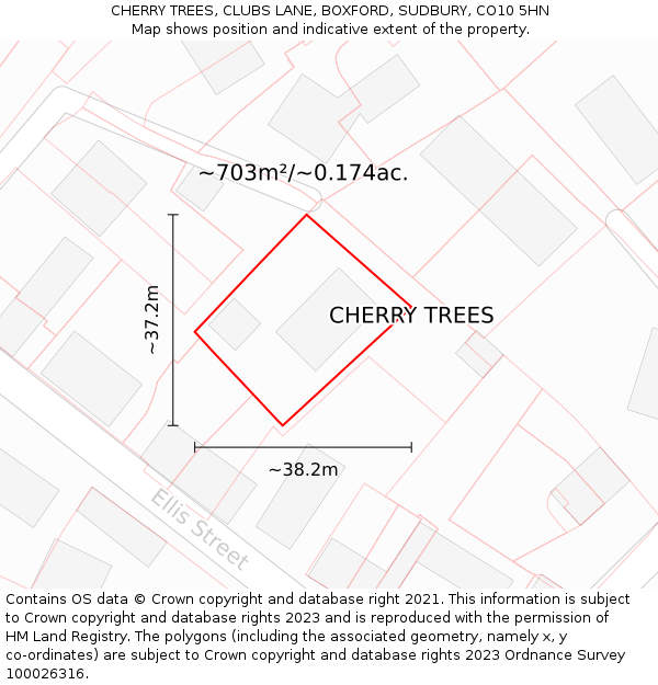 CHERRY TREES, CLUBS LANE, BOXFORD, SUDBURY, CO10 5HN: Plot and title map