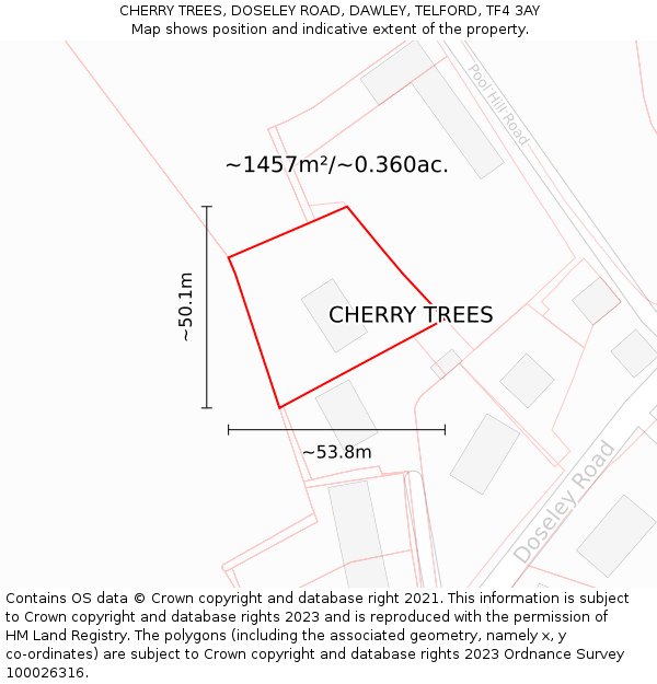 CHERRY TREES, DOSELEY ROAD, DAWLEY, TELFORD, TF4 3AY: Plot and title map