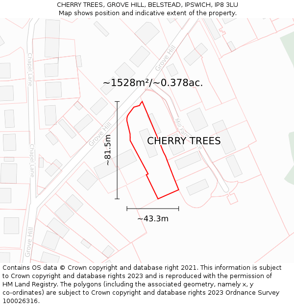CHERRY TREES, GROVE HILL, BELSTEAD, IPSWICH, IP8 3LU: Plot and title map