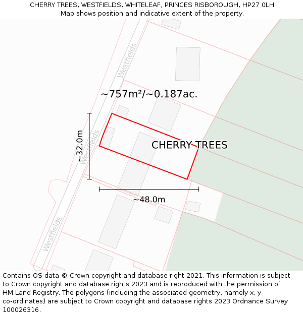 CHERRY TREES, WESTFIELDS, WHITELEAF, PRINCES RISBOROUGH, HP27 0LH: Plot and title map