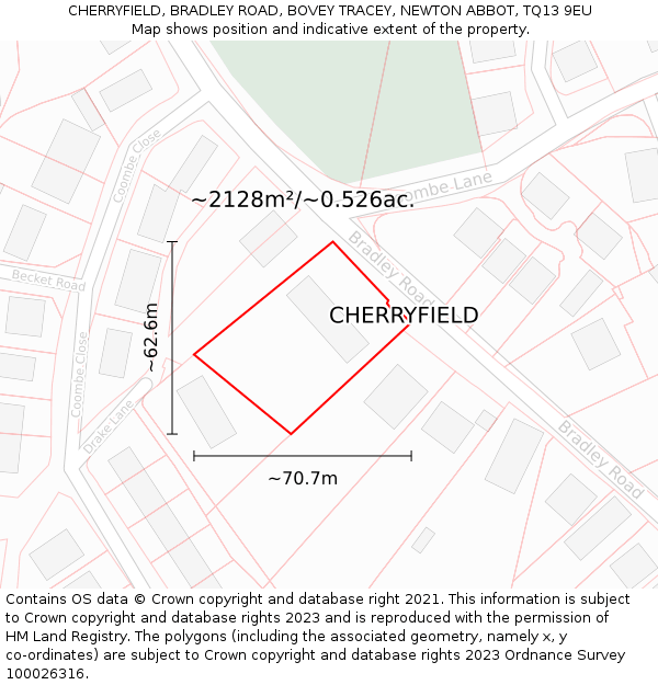 CHERRYFIELD, BRADLEY ROAD, BOVEY TRACEY, NEWTON ABBOT, TQ13 9EU: Plot and title map