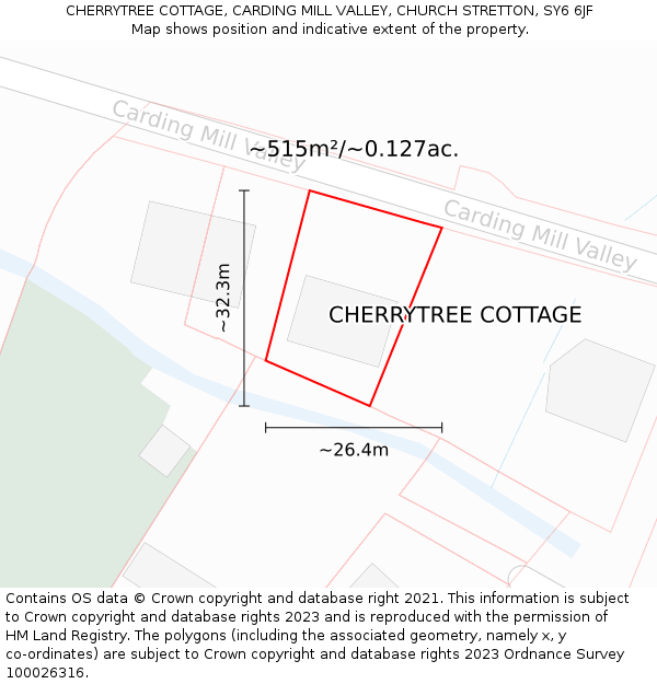 CHERRYTREE COTTAGE, CARDING MILL VALLEY, CHURCH STRETTON, SY6 6JF: Plot and title map