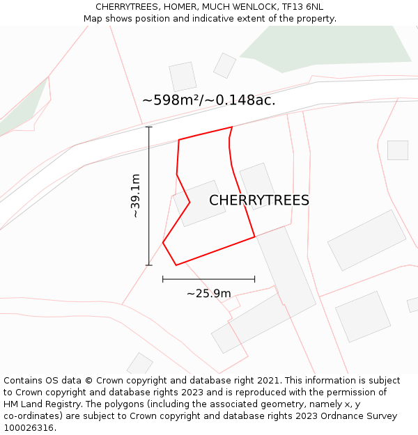 CHERRYTREES, HOMER, MUCH WENLOCK, TF13 6NL: Plot and title map