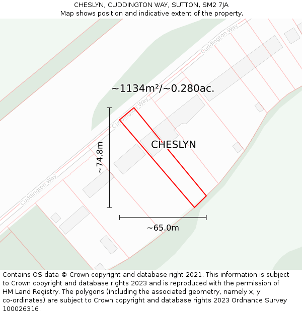 CHESLYN, CUDDINGTON WAY, SUTTON, SM2 7JA: Plot and title map