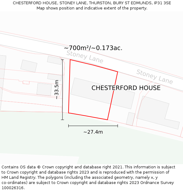 CHESTERFORD HOUSE, STONEY LANE, THURSTON, BURY ST EDMUNDS, IP31 3SE: Plot and title map
