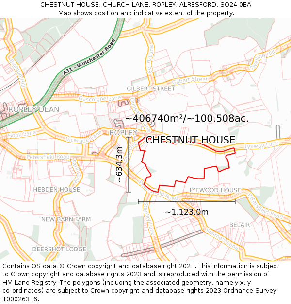 CHESTNUT HOUSE, CHURCH LANE, ROPLEY, ALRESFORD, SO24 0EA: Plot and title map
