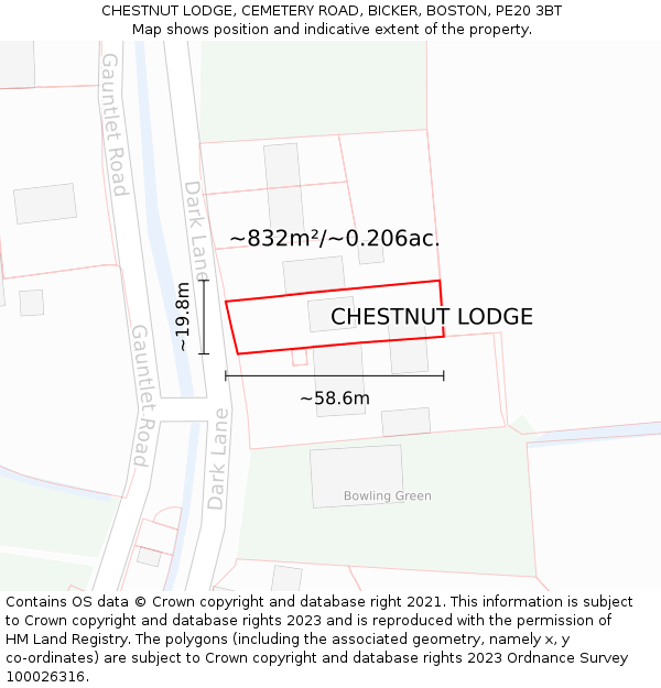 CHESTNUT LODGE, CEMETERY ROAD, BICKER, BOSTON, PE20 3BT: Plot and title map