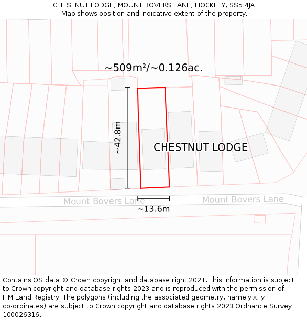 CHESTNUT LODGE, MOUNT BOVERS LANE, HOCKLEY, SS5 4JA: Plot and title map