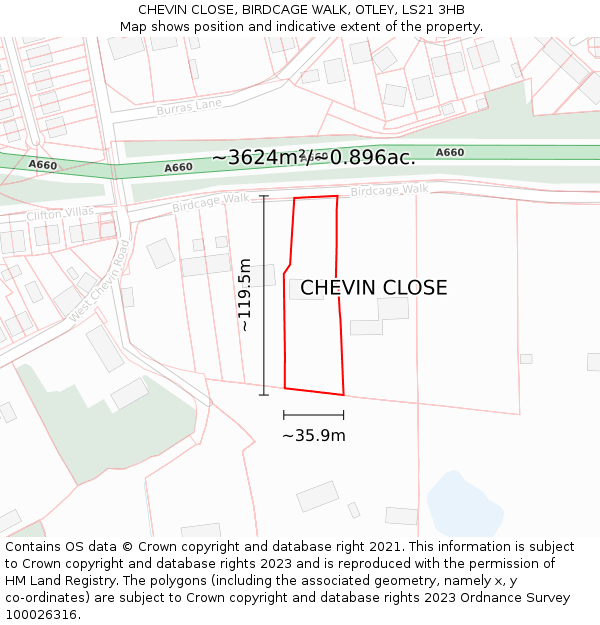 CHEVIN CLOSE, BIRDCAGE WALK, OTLEY, LS21 3HB: Plot and title map