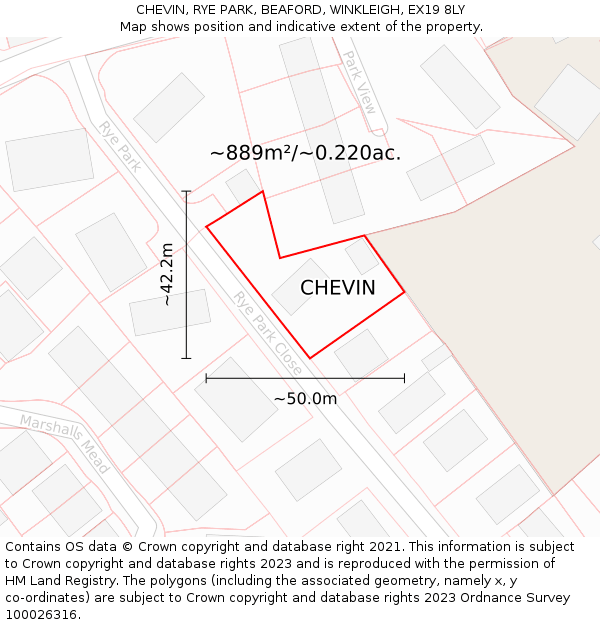 CHEVIN, RYE PARK, BEAFORD, WINKLEIGH, EX19 8LY: Plot and title map