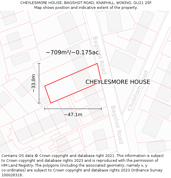 CHEYLESMORE HOUSE, BAGSHOT ROAD, KNAPHILL, WOKING, GU21 2SF: Plot and title map