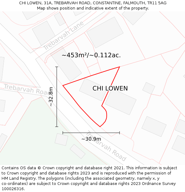 CHI LOWEN, 31A, TREBARVAH ROAD, CONSTANTINE, FALMOUTH, TR11 5AG: Plot and title map