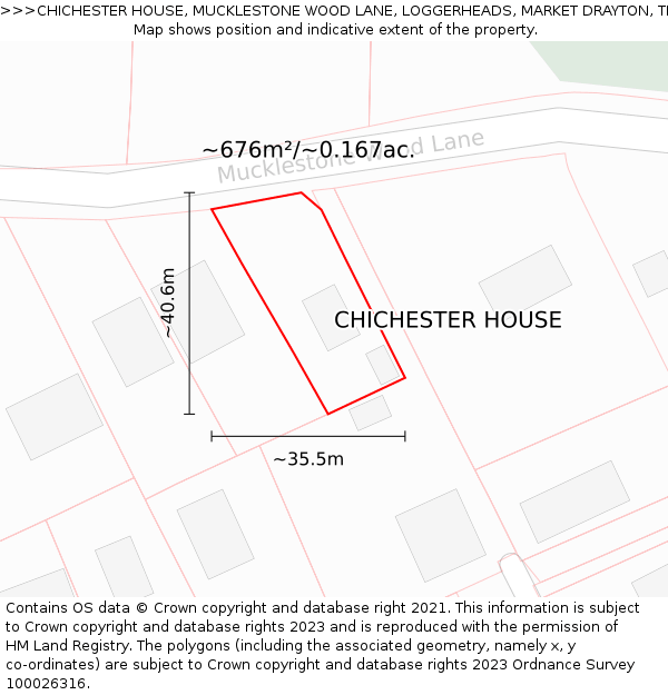 CHICHESTER HOUSE, MUCKLESTONE WOOD LANE, LOGGERHEADS, MARKET DRAYTON, TF9 4ED: Plot and title map