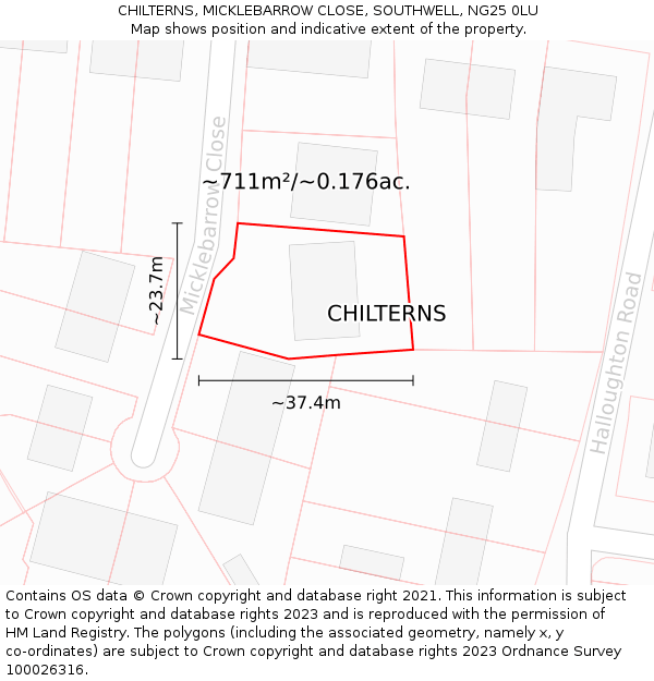 CHILTERNS, MICKLEBARROW CLOSE, SOUTHWELL, NG25 0LU: Plot and title map