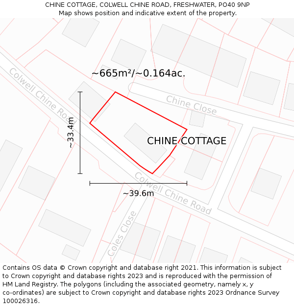 CHINE COTTAGE, COLWELL CHINE ROAD, FRESHWATER, PO40 9NP: Plot and title map