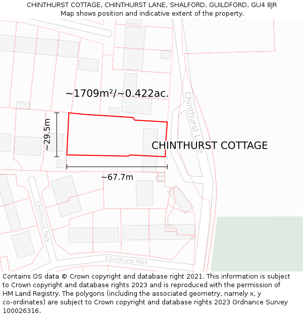 CHINTHURST COTTAGE, CHINTHURST LANE, SHALFORD, GUILDFORD, GU4 8JR: Plot and title map