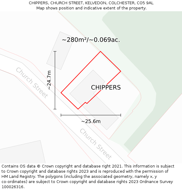 CHIPPERS, CHURCH STREET, KELVEDON, COLCHESTER, CO5 9AL: Plot and title map