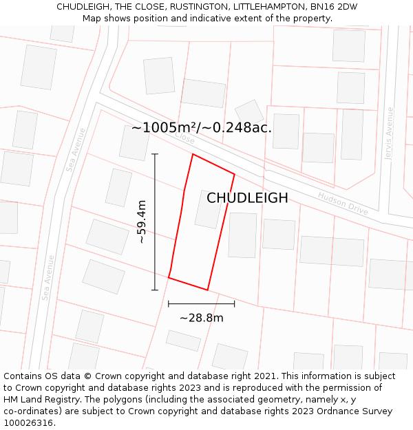 CHUDLEIGH, THE CLOSE, RUSTINGTON, LITTLEHAMPTON, BN16 2DW: Plot and title map