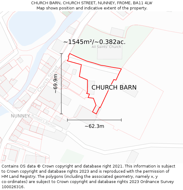 CHURCH BARN, CHURCH STREET, NUNNEY, FROME, BA11 4LW: Plot and title map