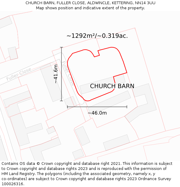 CHURCH BARN, FULLER CLOSE, ALDWINCLE, KETTERING, NN14 3UU: Plot and title map