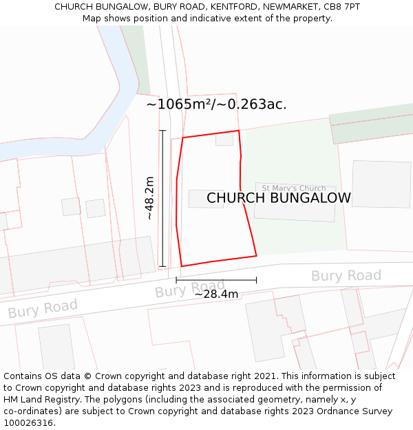 CHURCH BUNGALOW, BURY ROAD, KENTFORD, NEWMARKET, CB8 7PT: Plot and title map