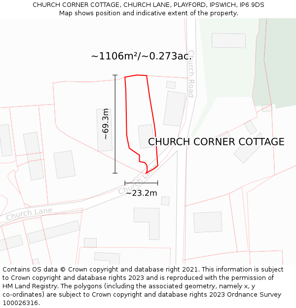 CHURCH CORNER COTTAGE, CHURCH LANE, PLAYFORD, IPSWICH, IP6 9DS: Plot and title map