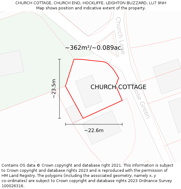 CHURCH COTTAGE, CHURCH END, HOCKLIFFE, LEIGHTON BUZZARD, LU7 9NH: Plot and title map