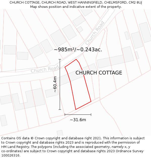 CHURCH COTTAGE, CHURCH ROAD, WEST HANNINGFIELD, CHELMSFORD, CM2 8UJ: Plot and title map