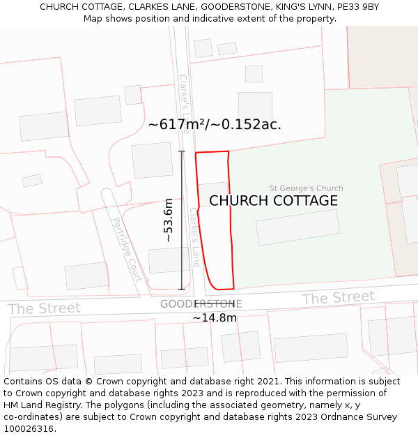 CHURCH COTTAGE, CLARKES LANE, GOODERSTONE, KING'S LYNN, PE33 9BY: Plot and title map