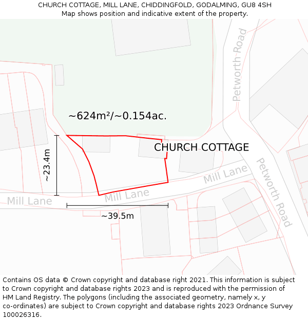 CHURCH COTTAGE, MILL LANE, CHIDDINGFOLD, GODALMING, GU8 4SH: Plot and title map