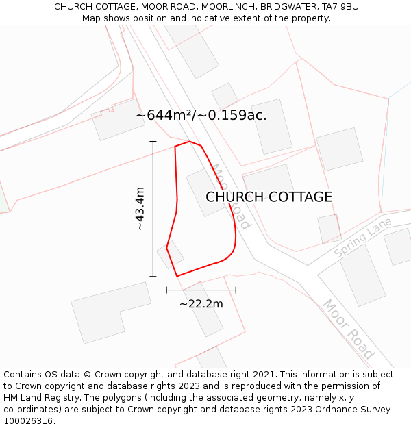 CHURCH COTTAGE, MOOR ROAD, MOORLINCH, BRIDGWATER, TA7 9BU: Plot and title map