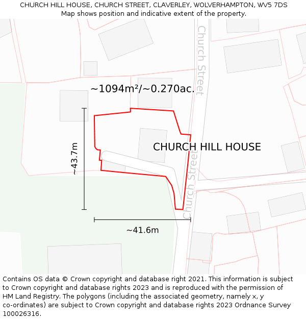 CHURCH HILL HOUSE, CHURCH STREET, CLAVERLEY, WOLVERHAMPTON, WV5 7DS: Plot and title map