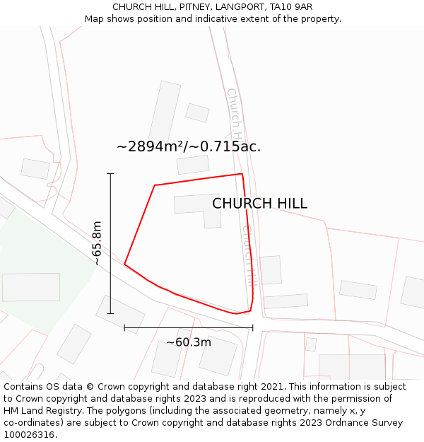 CHURCH HILL, PITNEY, LANGPORT, TA10 9AR: Plot and title map