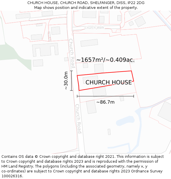 CHURCH HOUSE, CHURCH ROAD, SHELFANGER, DISS, IP22 2DG: Plot and title map