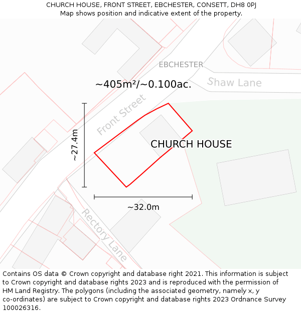 CHURCH HOUSE, FRONT STREET, EBCHESTER, CONSETT, DH8 0PJ: Plot and title map