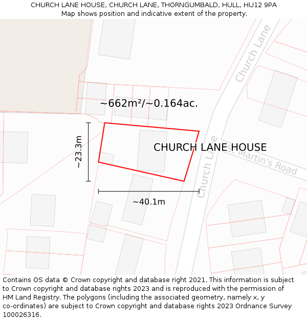 CHURCH LANE HOUSE, CHURCH LANE, THORNGUMBALD, HULL, HU12 9PA: Plot and title map