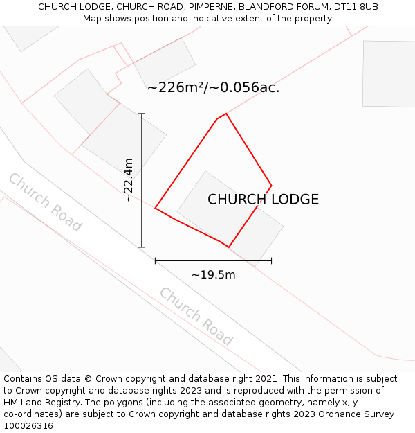 CHURCH LODGE, CHURCH ROAD, PIMPERNE, BLANDFORD FORUM, DT11 8UB: Plot and title map