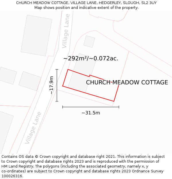 CHURCH MEADOW COTTAGE, VILLAGE LANE, HEDGERLEY, SLOUGH, SL2 3UY: Plot and title map