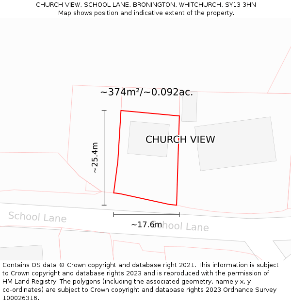 CHURCH VIEW, SCHOOL LANE, BRONINGTON, WHITCHURCH, SY13 3HN: Plot and title map