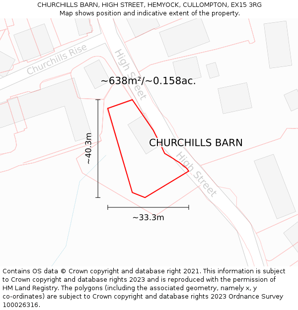 CHURCHILLS BARN, HIGH STREET, HEMYOCK, CULLOMPTON, EX15 3RG: Plot and title map