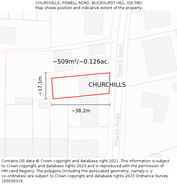 CHURCHILLS, POWELL ROAD, BUCKHURST HILL, IG9 5RD: Plot and title map