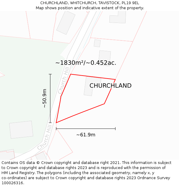 CHURCHLAND, WHITCHURCH, TAVISTOCK, PL19 9EL: Plot and title map
