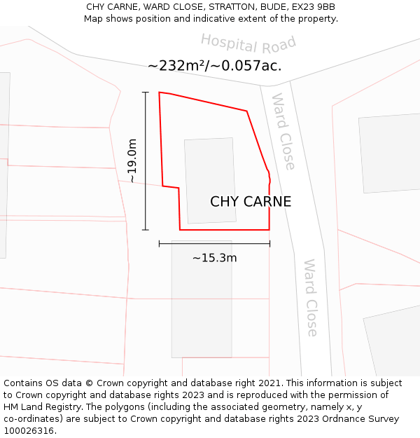 CHY CARNE, WARD CLOSE, STRATTON, BUDE, EX23 9BB: Plot and title map
