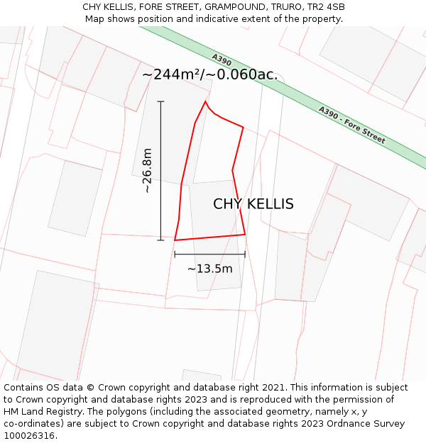 CHY KELLIS, FORE STREET, GRAMPOUND, TRURO, TR2 4SB: Plot and title map