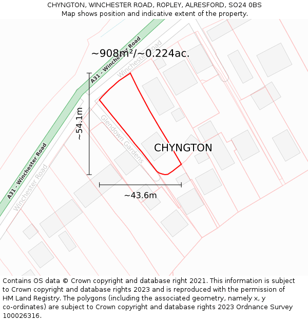 CHYNGTON, WINCHESTER ROAD, ROPLEY, ALRESFORD, SO24 0BS: Plot and title map