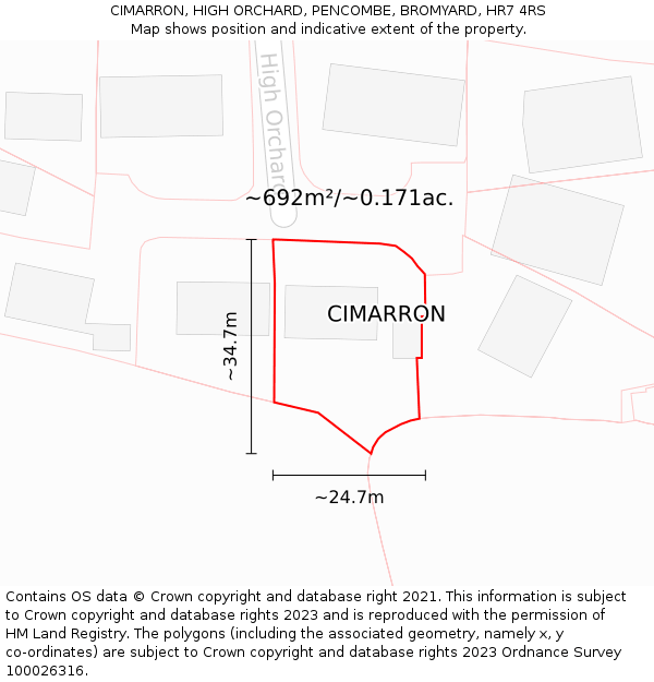 CIMARRON, HIGH ORCHARD, PENCOMBE, BROMYARD, HR7 4RS: Plot and title map