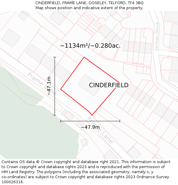 CINDERFIELD, FRAME LANE, DOSELEY, TELFORD, TF4 3BQ: Plot and title map